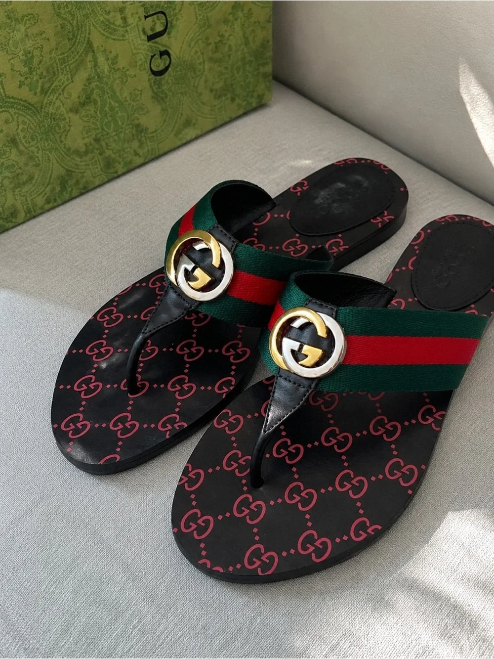 Gucci Green Red Black GG Web Thong Sandals with Gold Double G
